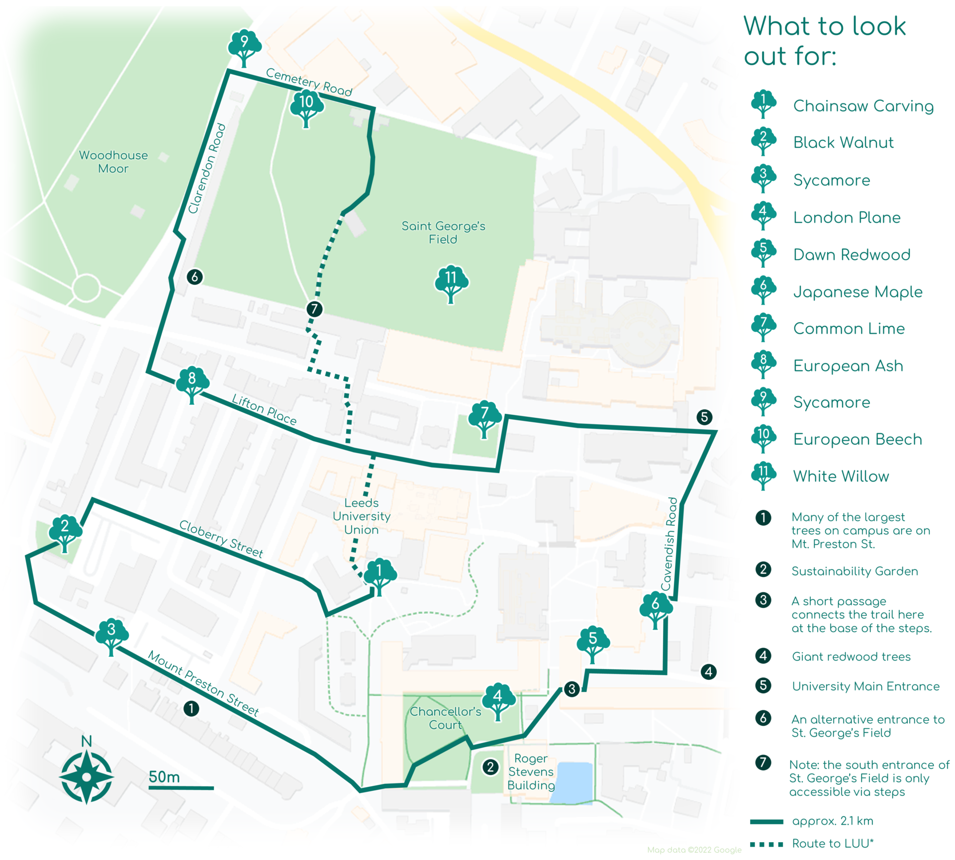 Campus Map of with marked route and trees. See Google Maps link above for accessible directions with each tree as a destination along the route
