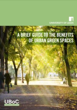 The cover of a document entitled, A brief Guide to the Benefits of Urban Green Spaces. The cover shows people walking down a path with trees and sunshine, as well as the University of Leeds and United Bank of Carbon logos