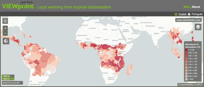 Screenshot of an interactive world map showing areas of the tropics in different shades of red