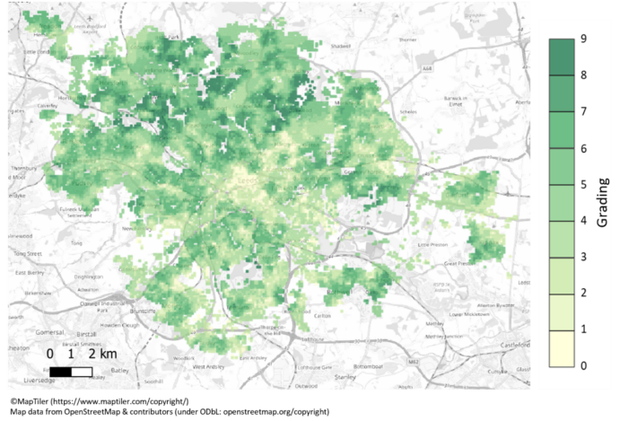 3-30-300 gradings across the study area of Leeds. Each grid cell is 1 ha, and the grading is the average across buildings within each cell. Where there were no buildings within a 1 ha grid cell, the cell is transparent. 
