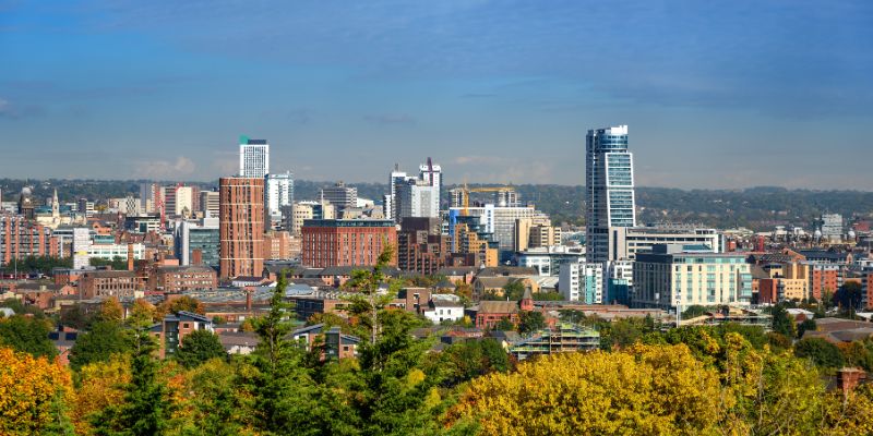 A cityscape with some trees in front of skyscrapers