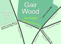 a map showing that the new path runs parallel to the previous route along King Lane but is now on Gair Wood instead of along the busy road