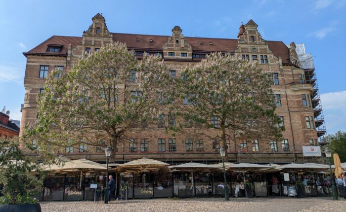 A building with trees in front of it