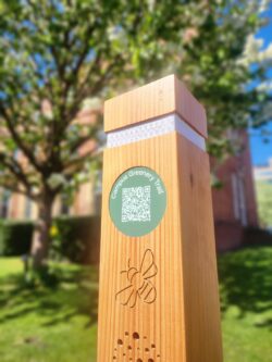 a wooden post with a qr code and holes drilled into it